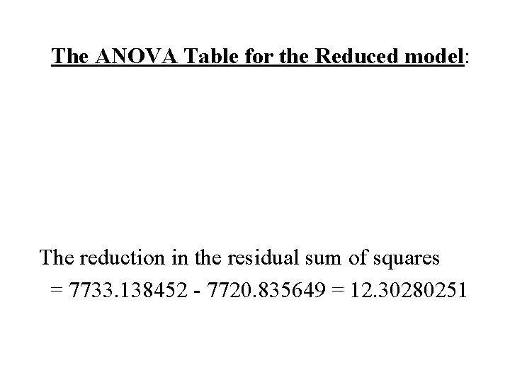 The ANOVA Table for the Reduced model: The reduction in the residual sum of The ANOVA Table for the Reduced model: The reduction in the residual sum of