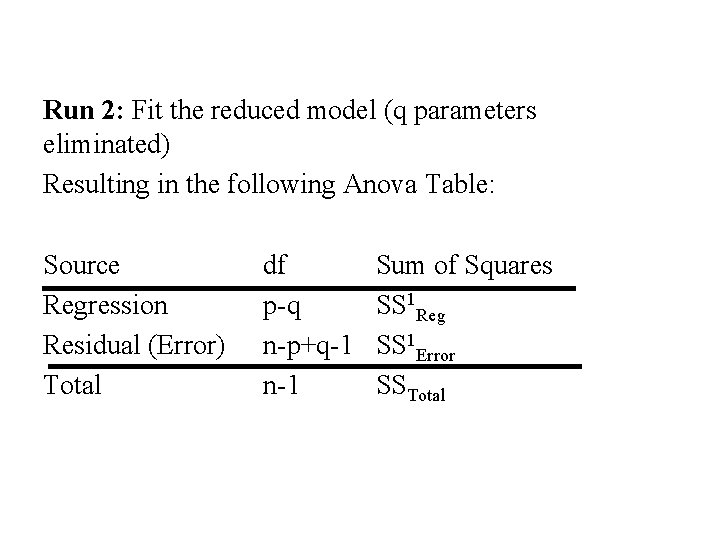 Run 2: Fit the reduced model (q parameters eliminated) Resulting in the following Anova Run 2: Fit the reduced model (q parameters eliminated) Resulting in the following Anova