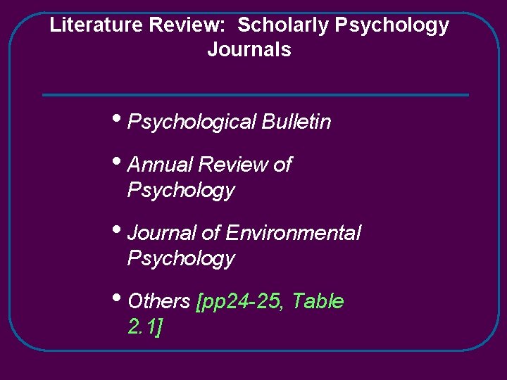 Literature Review: Scholarly Psychology Journals • Psychological Bulletin • Annual Review of Psychology •