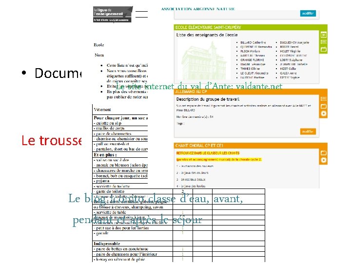  • Documents outils Le site internet du val d’Ante: valdante. net Le trousseau