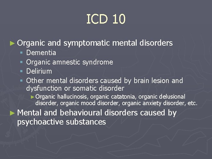 ICD 10 ► Organic and symptomatic mental disorders § Dementia § Organic amnestic syndrome ICD 10 ► Organic and symptomatic mental disorders § Dementia § Organic amnestic syndrome