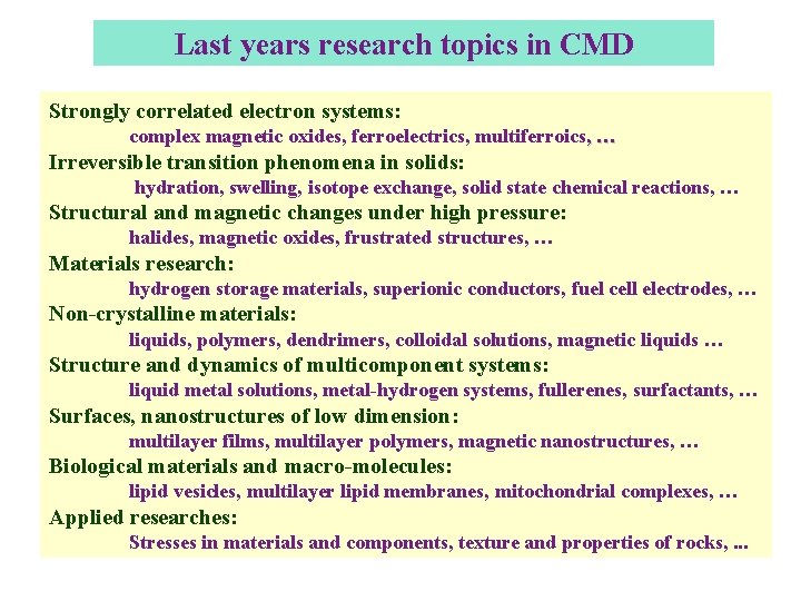 Last years research topics in CMD Strongly correlated electron systems: complex magnetic oxides, ferroelectrics,