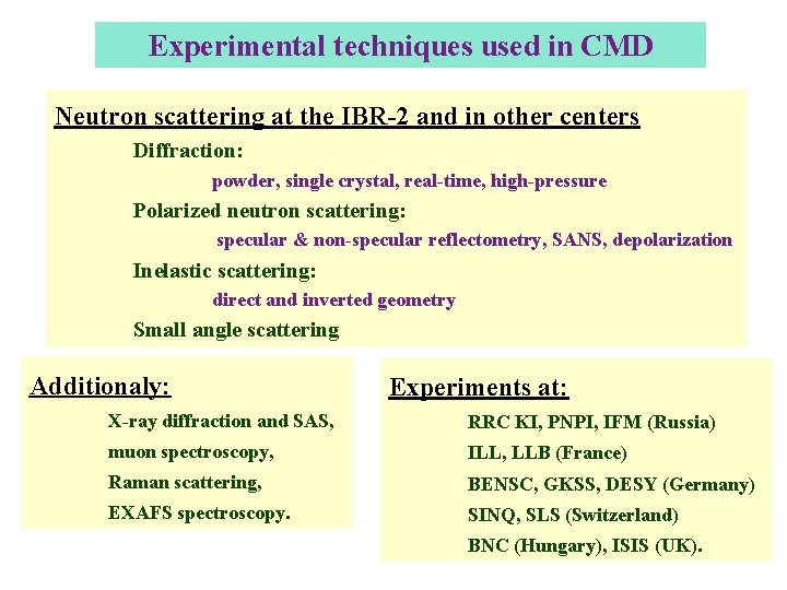 Experimental techniques used in CMD Neutron scattering at the IBR-2 and in other centers