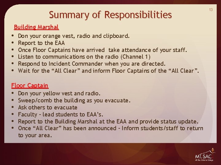 Summary of Responsibilities Building Marshal • • • Don your orange vest, radio and Summary of Responsibilities Building Marshal • • • Don your orange vest, radio and