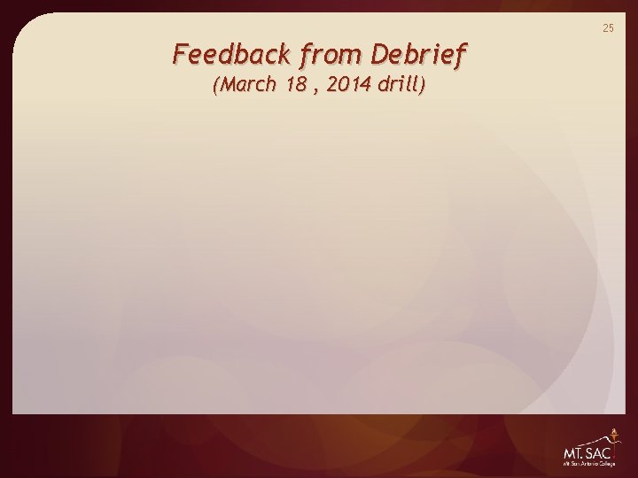 25 Feedback from Debrief (March 18 , 2014 drill) 25 Feedback from Debrief (March 18 , 2014 drill)
