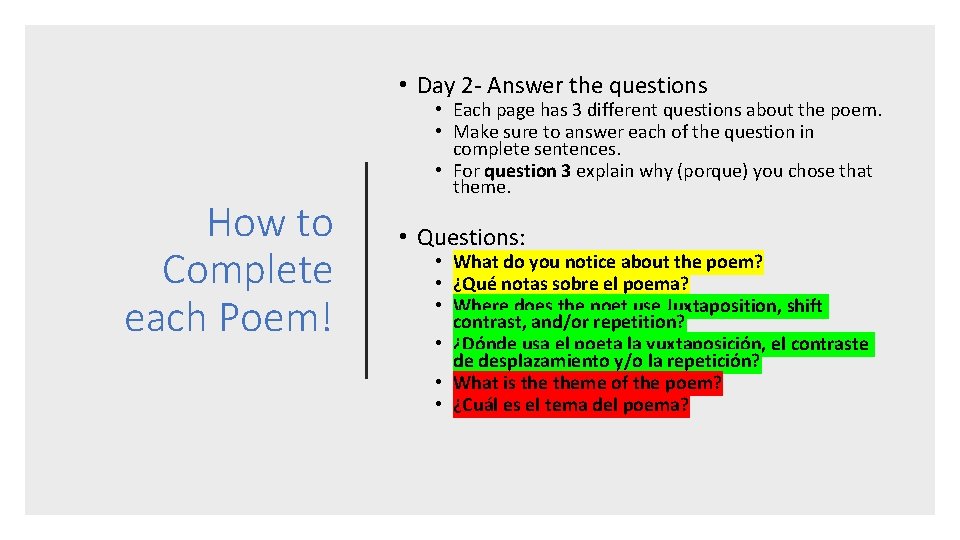  • Day 2 - Answer the questions How to Complete each Poem! •