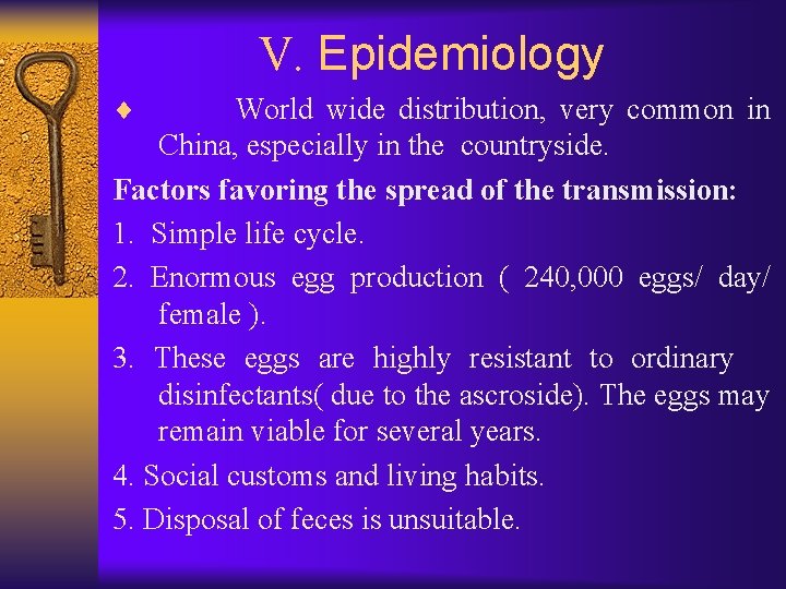 V. Epidemiology ¨ World wide distribution, very common in China, especially in the countryside.