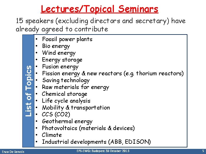 Lectures/Topical Seminars List of Topics 15 speakers (excluding directors and secretary) have already agreed