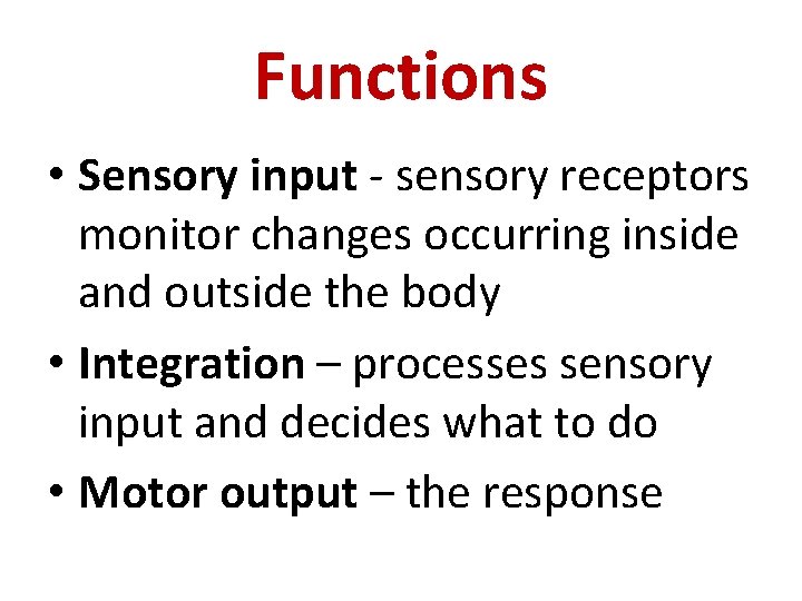 Functions • Sensory input - sensory receptors monitor changes occurring inside and outside the