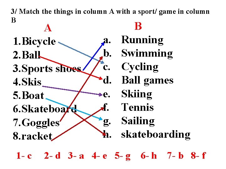 3/ Match the things in column A with a sport/ game in column B