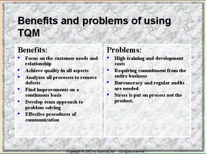 Benefits and problems of using TQM Benefits: • • • Problems: Focus on the