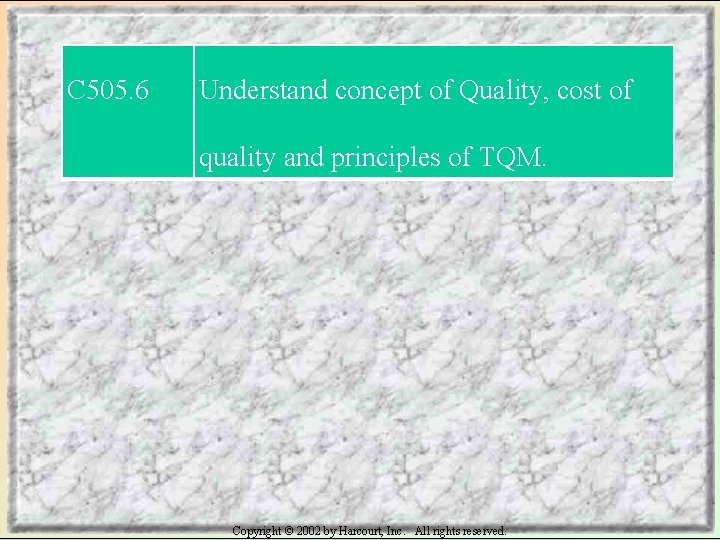 C 505. 6 Understand concept of Quality, cost of quality and principles of TQM.