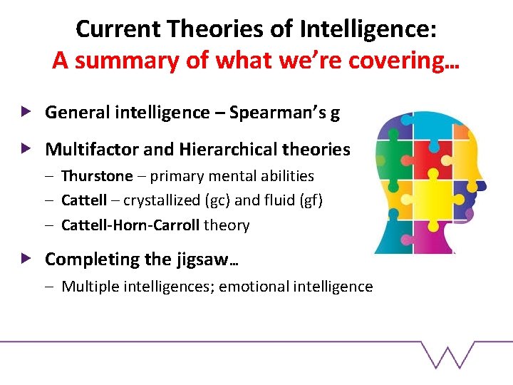 Current Theories of Intelligence: A summary of what we’re covering… General intelligence – Spearman’s Current Theories of Intelligence: A summary of what we’re covering… General intelligence – Spearman’s