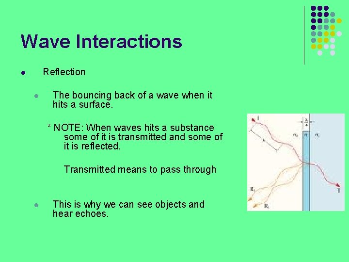 Wave Interactions Reflection l l The bouncing back of a wave when it hits