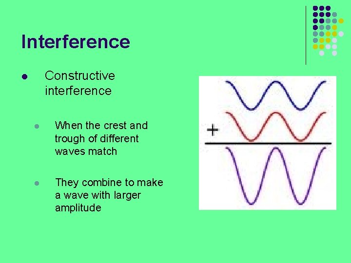 Interference Constructive interference l l When the crest and trough of different waves match