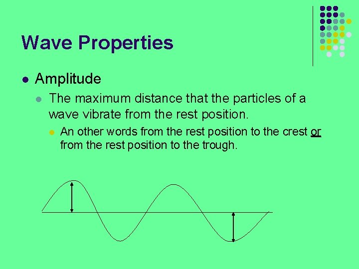 Wave Properties l Amplitude l The maximum distance that the particles of a wave