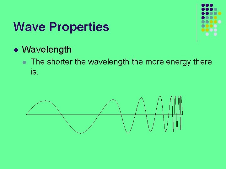 Wave Properties l Wavelength l The shorter the wavelength the more energy there is.