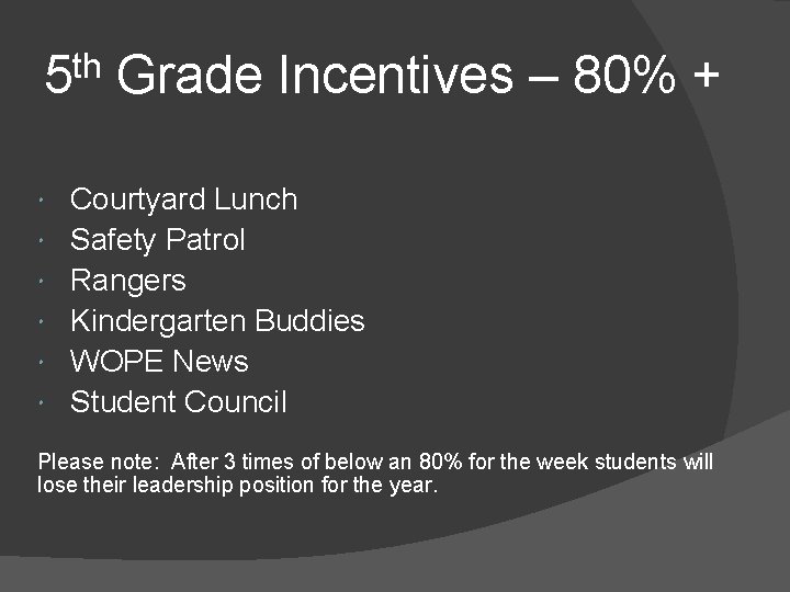 th 5 Grade Incentives – 80% + Courtyard Lunch Safety Patrol Rangers Kindergarten Buddies