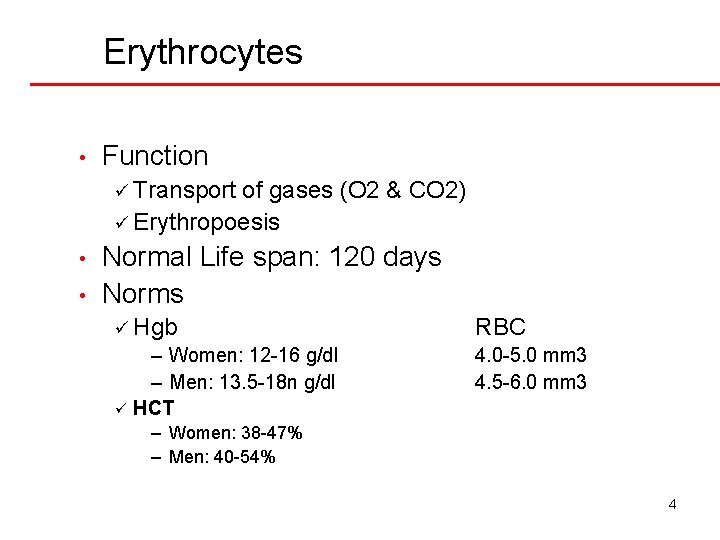 Erythrocytes • Function ü Transport of gases (O 2 & CO 2) ü Erythropoesis