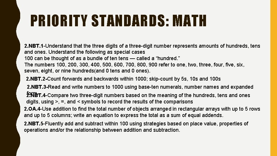 PRIORITY STANDARDS: MATH 2. NBT. 1 -Understand that the three digits of a three-digit