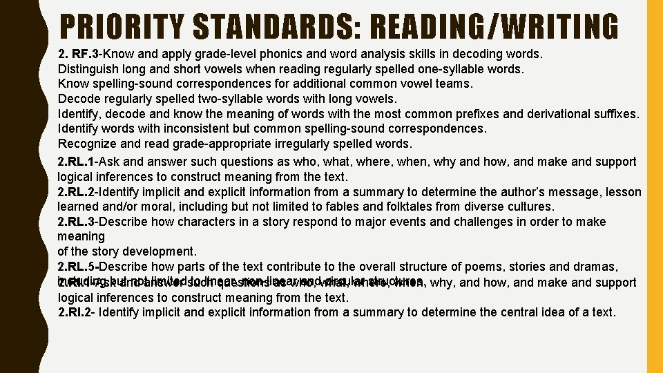 PRIORITY STANDARDS: READING/WRITING 2. RF. 3 -Know and apply grade-level phonics and word analysis