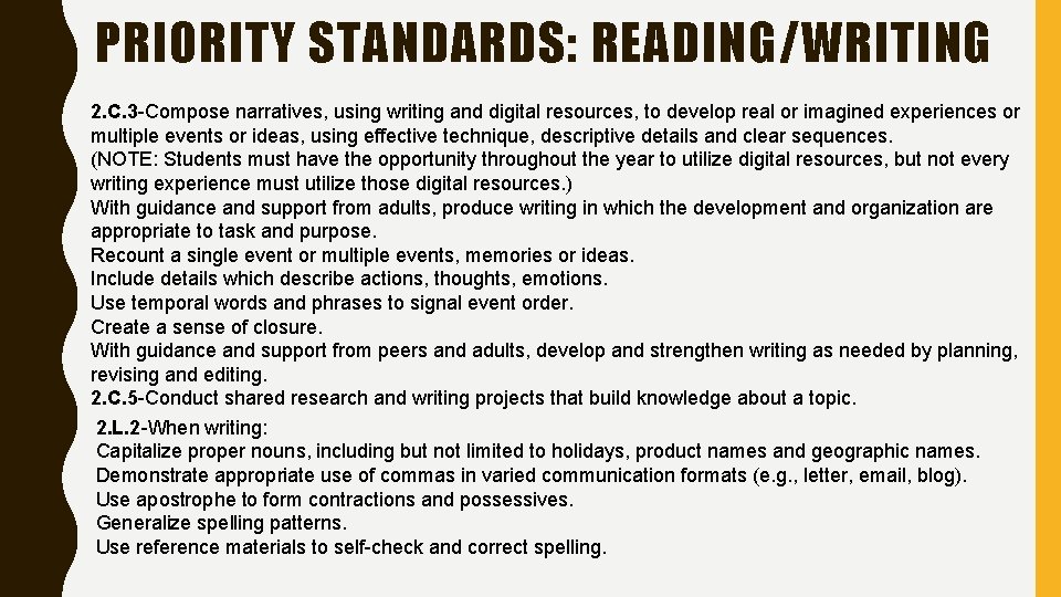 PRIORITY STANDARDS: READING/WRITING 2. C. 3 -Compose narratives, using writing and digital resources, to
