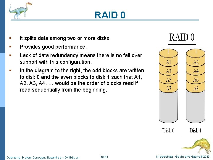 RAID 0 § It splits data among two or more disks. § Provides good