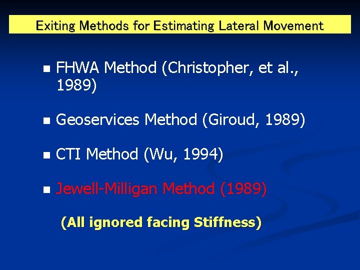 Exiting Methods for Estimating Lateral Movement n FHWA Method (Christopher, et al. , 1989)