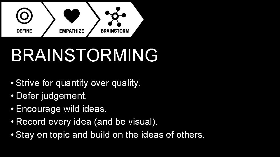 BRAINSTORMING • Strive for quantity over quality. • Defer judgement. • Encourage wild ideas. BRAINSTORMING • Strive for quantity over quality. • Defer judgement. • Encourage wild ideas.