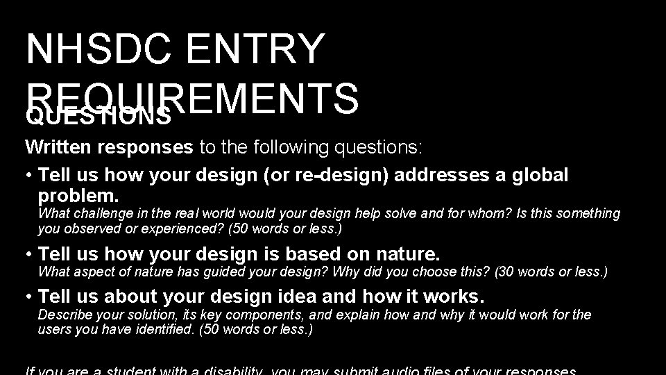 NHSDC ENTRY REQUIREMENTS QUESTIONS Written responses to the following questions: • Tell us how NHSDC ENTRY REQUIREMENTS QUESTIONS Written responses to the following questions: • Tell us how