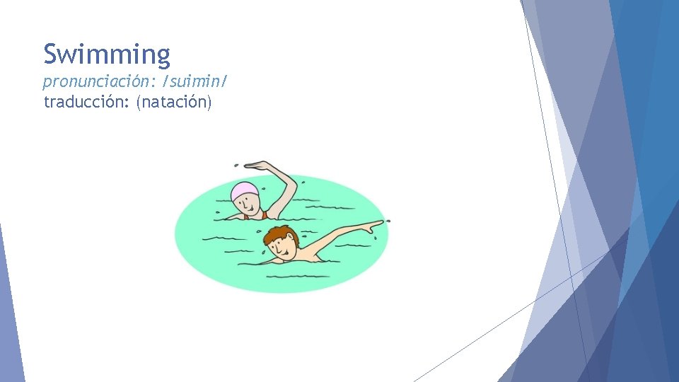 Swimming pronunciación: /suimin/ traducción: (natación) 