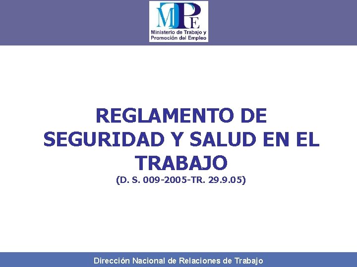 REGLAMENTO DE SEGURIDAD Y SALUD EN EL TRABAJO (D. S. 009 -2005 -TR. 29.