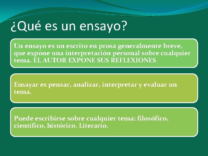 ¿Qué es un ensayo? Un ensayo es un escrito en prosa generalmente breve, que