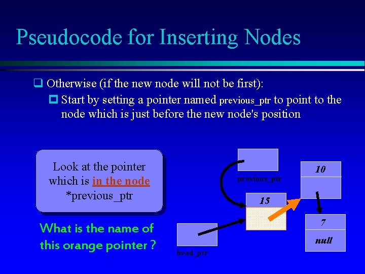 Pseudocode for Inserting Nodes q Otherwise (if the new node will not be first):