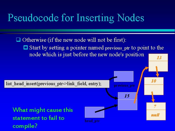 Pseudocode for Inserting Nodes q Otherwise (if the new node will not be first):