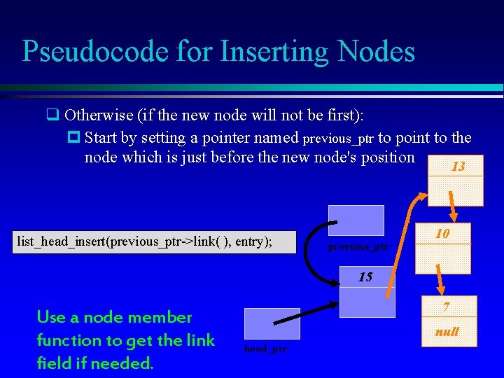 Pseudocode for Inserting Nodes q Otherwise (if the new node will not be first):