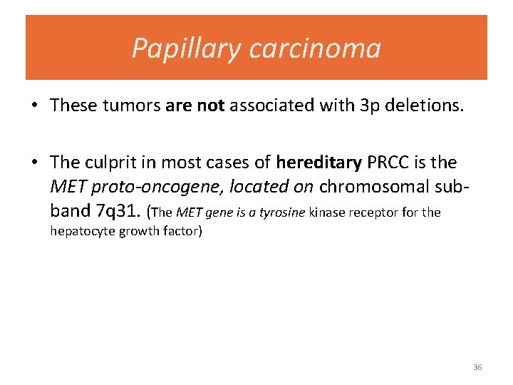 Papillary carcinoma • These tumors are not associated with 3 p deletions. • The