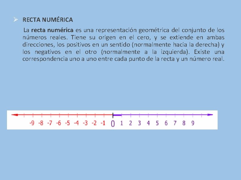 Ø RECTA NUMÉRICA La recta numérica es una representación geométrica del conjunto de los