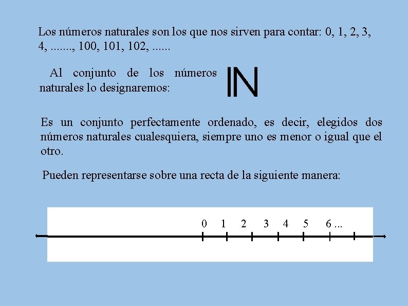 Los números naturales son los que nos sirven para contar: 0, 1, 2, 3,