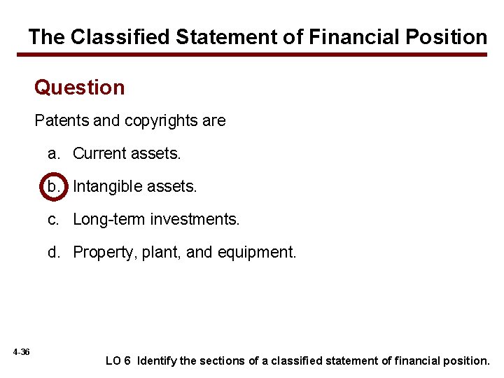 The Classified Statement of Financial Position Question Patents and copyrights are a. Current assets.