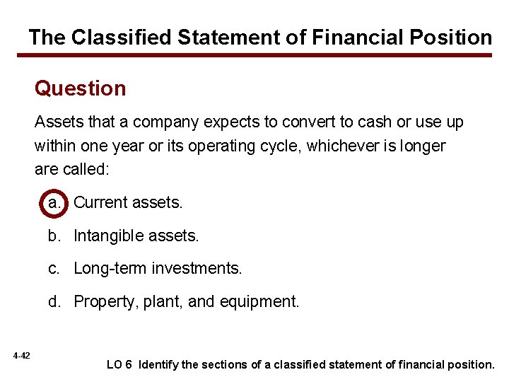 The Classified Statement of Financial Position Question Assets that a company expects to convert
