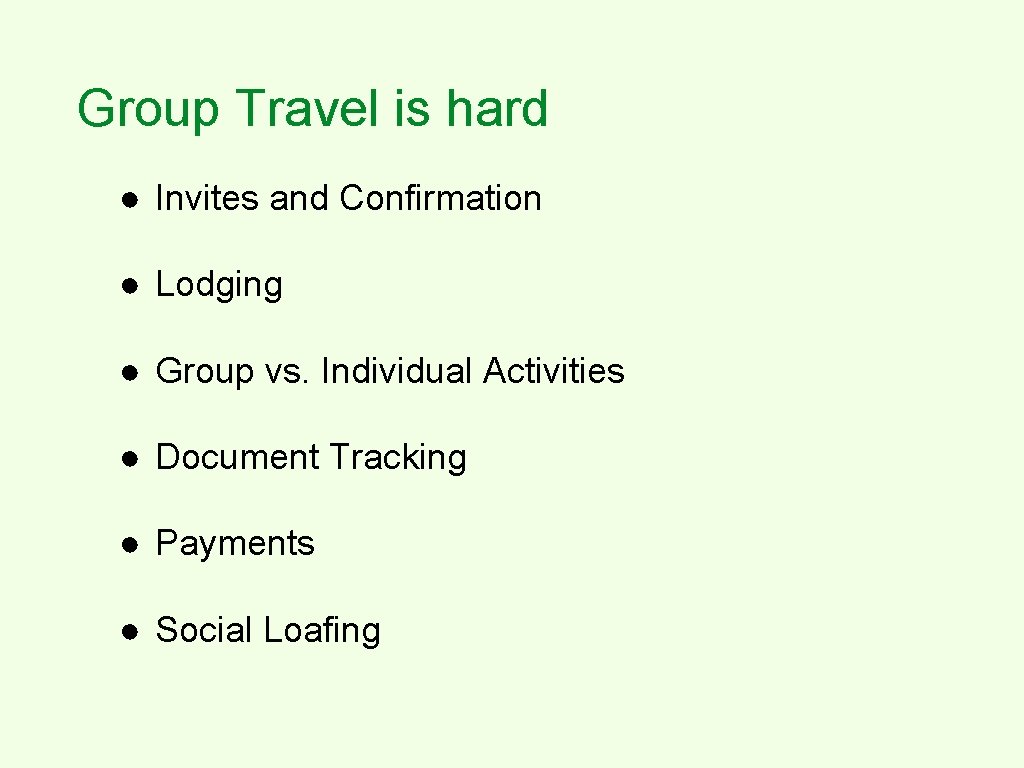 Group Travel is hard ● Invites and Confirmation ● Lodging ● Group vs. Individual