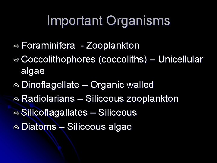 Important Organisms T Foraminifera - Zooplankton T Coccolithophores (coccoliths) – Unicellular algae T Dinoflagellate