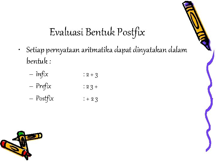 Evaluasi Bentuk Postfix • Setiap pernyataan aritmatika dapat dinyatakan dalam bentuk : – Infix
