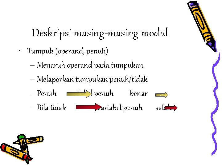 Deskripsi masing-masing modul • Tumpuk (operand, penuh) – Menaruh operand pada tumpukan – Melaporkan