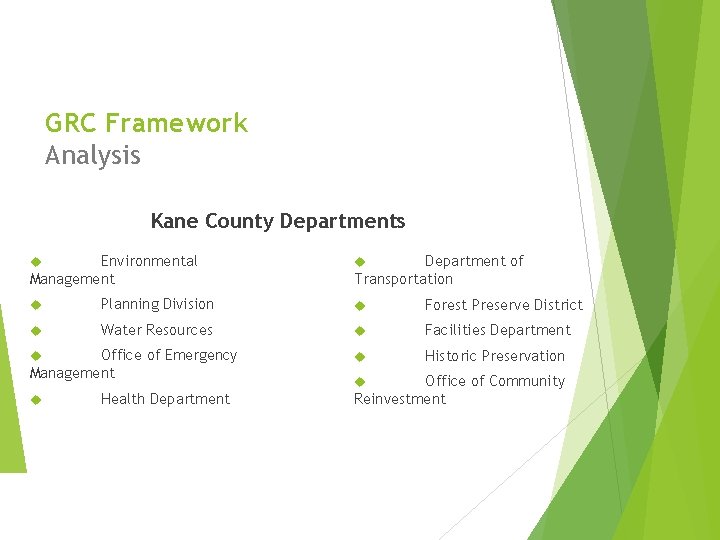 GRC Framework Analysis Kane County Departments Environmental Management Department of Transportation Planning Division Forest