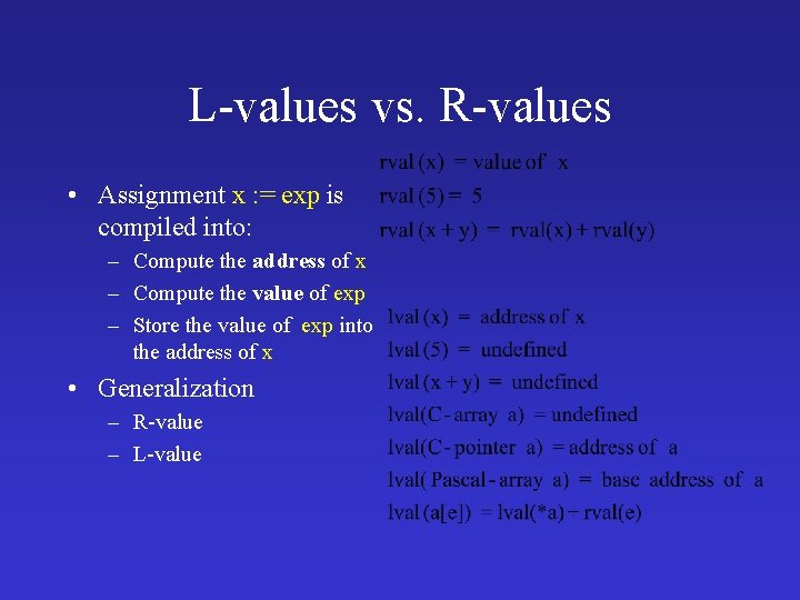 L-values vs. R-values • Assignment x : = exp is compiled into: – Compute