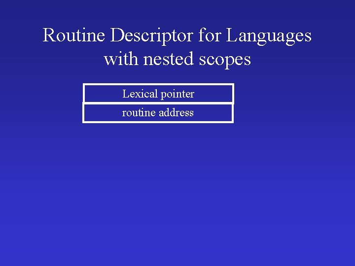 Routine Descriptor for Languages with nested scopes Lexical pointer routine address 