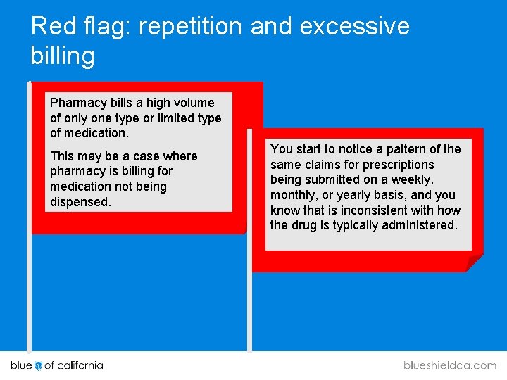 Red flag: repetition and excessive billing Pharmacy bills a high volume of only one