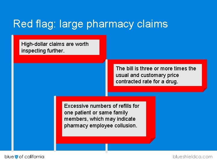 Red flag: large pharmacy claims High-dollar claims are worth inspecting further. The bill is